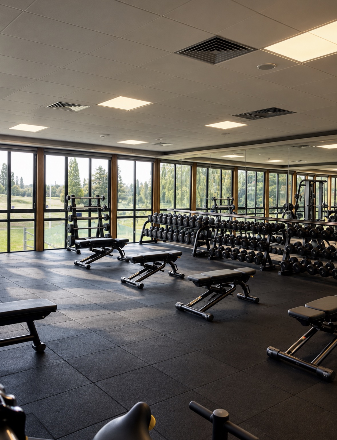 Technogym cardio machines overlooking the golf course at Three Rivers gym